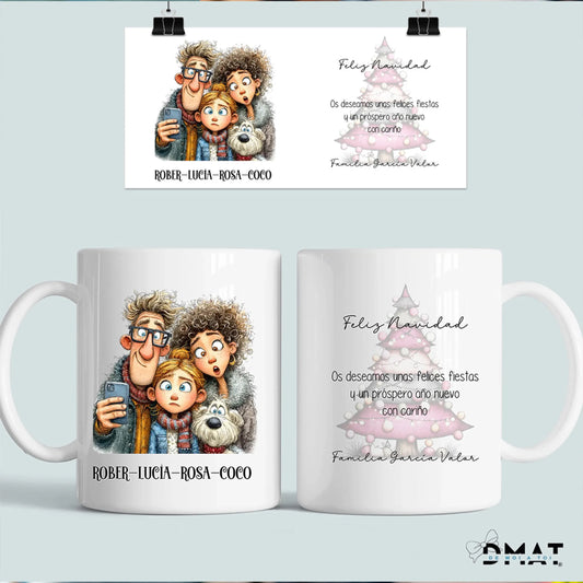 taza navideña personalizada como felicitación de navidad original con caricatura, nombres y dedicatoria