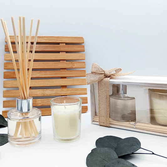 Pack de aroma personalizado con vela y mikado para invitados de boda