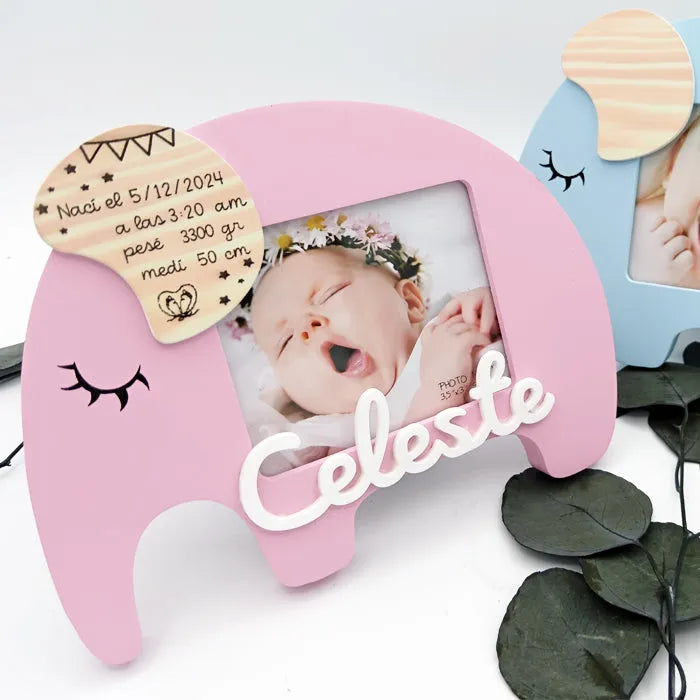 Marco de fotos con nombre natalicio elefante niña personalizado para regalar - De moi a toi