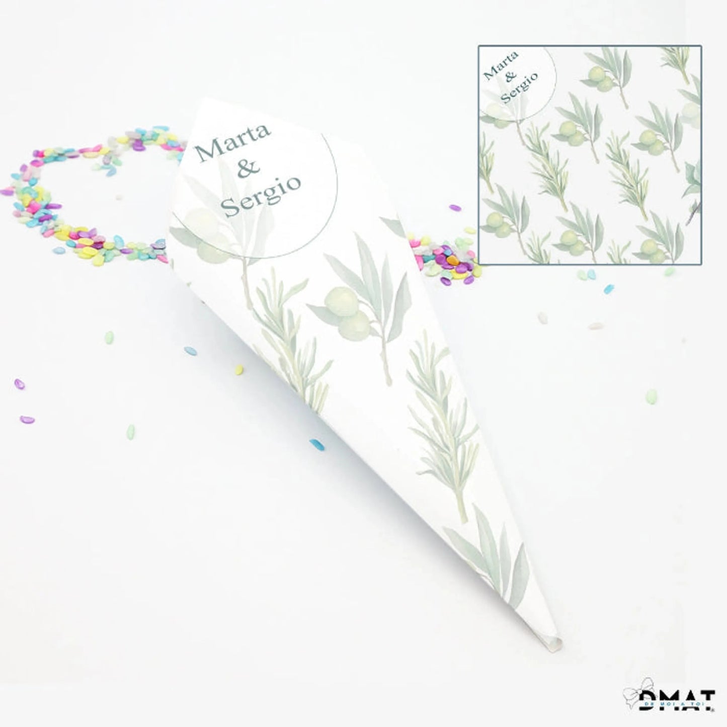conos de confeti de boda personalizados diseño Oliva