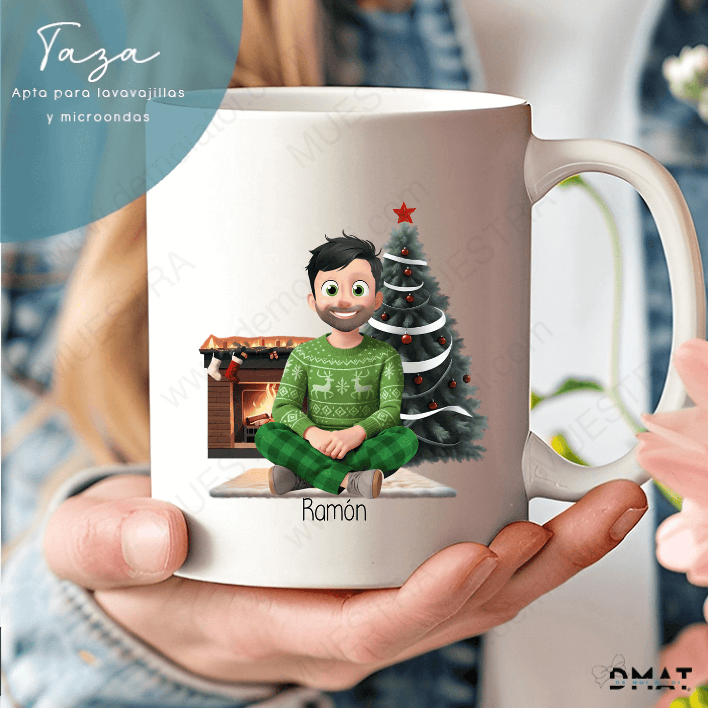Taza personalizada de Navidad con ilustración pareja, familia y mascotas