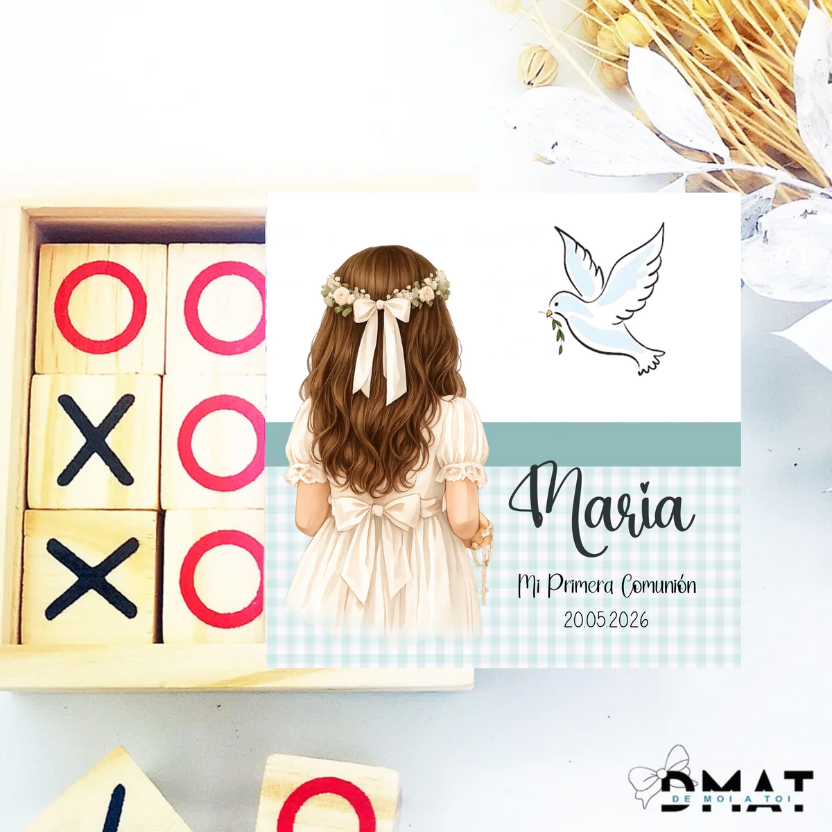 3 en raya personalizado comunión niña diseño Vichy con nombre, detalle para invitados