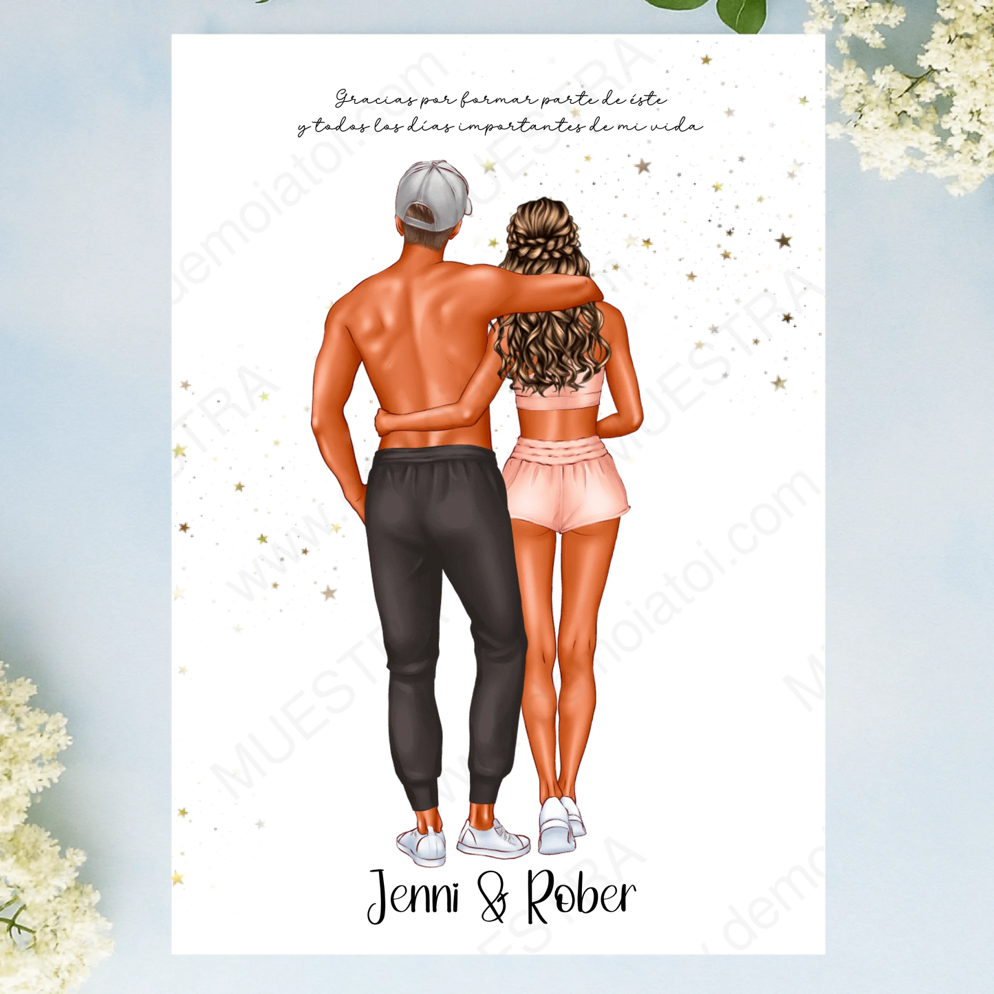 Lámina A3 personalizada de pareja fitness con diseño deportivo y dedicatoria.