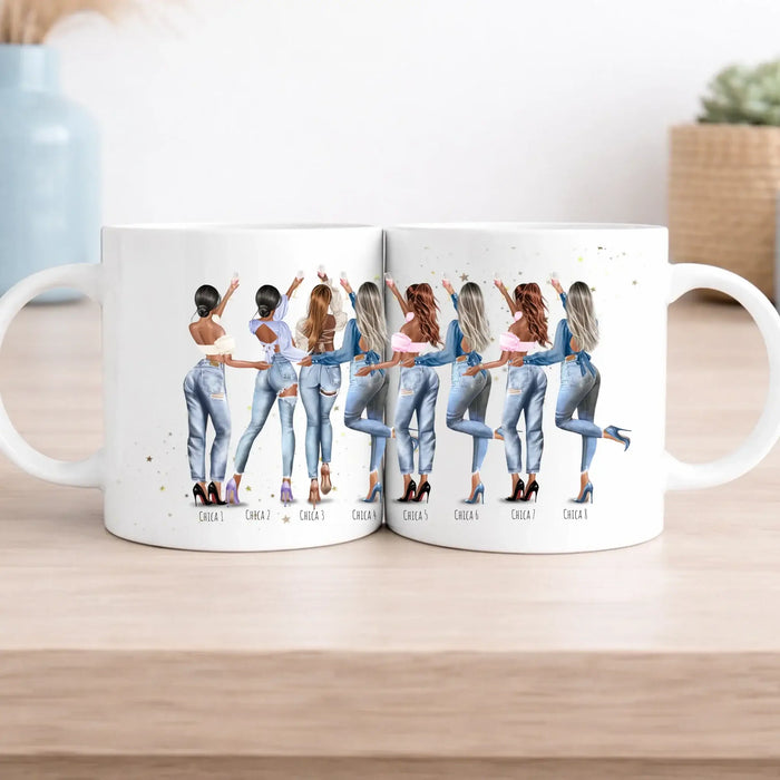 Taza personalizada grupo de amigas 1 a 8 personas – Regalo con ilustración Jean y nombre