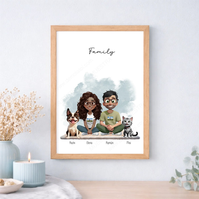 Lámina o cuadro personalizado pareja y mascota – Regalo con ilustración y nombre