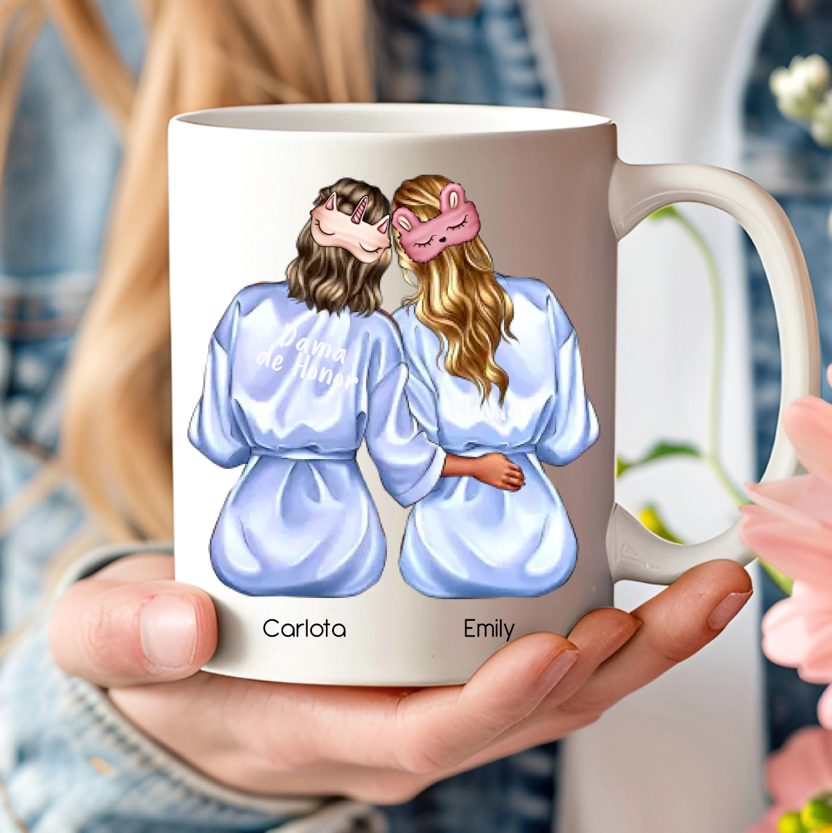 Taza personalizada con ilustración para novia y dama de honor
