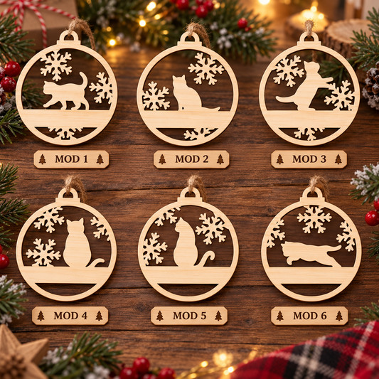Seis modelos de bola de Navidad de madera con gato, del MOD 1 al MOD 6