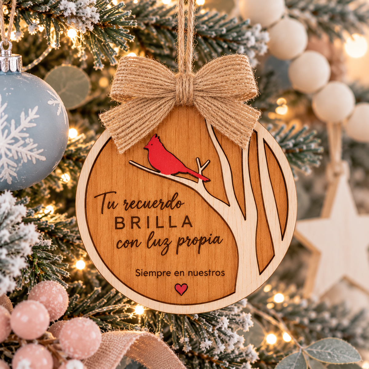 Bola de Navidad de madera en recuerdo de un ser querido con cardenal rojo y frase "Tu recuerdo brilla con luz propia" colgada en el árbol · De Moi à Toi