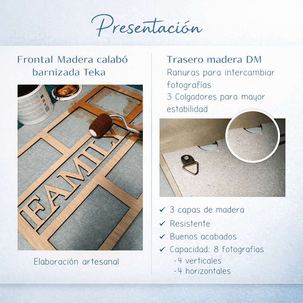 Marco de fotos artesanal en madera como regalo para familia