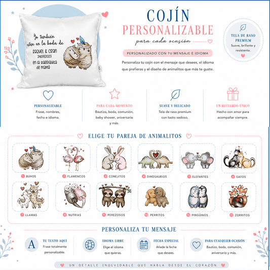 Diseños disponibles para cojín personalizado como detalle de boda o bautizo · De Moi à Toi