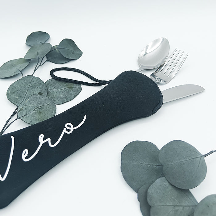 Set de cubiertos de acero inoxidable con funda personalizada para camping