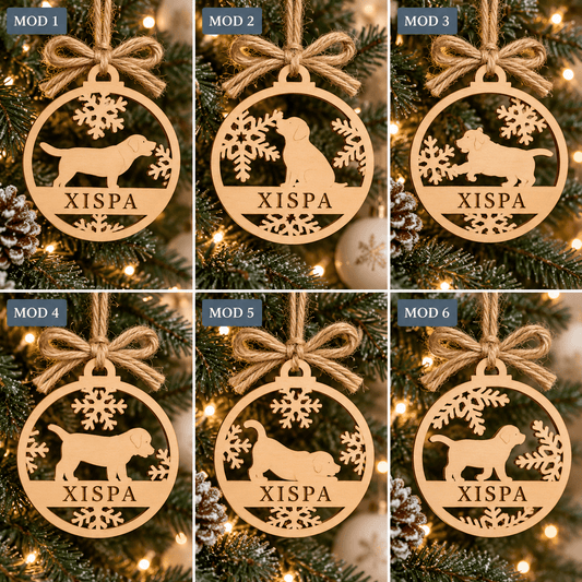 Seis modelos de bola de Navidad de madera con perro, del MOD 1 al MOD 6