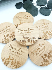 espejo de bambú grabado para invitadas de boda o bautizo