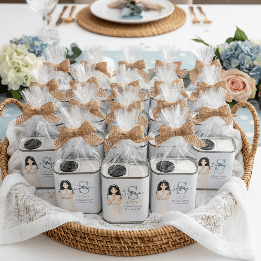 Latita de aceite personalizada como detalle de invitados de comunión niña
