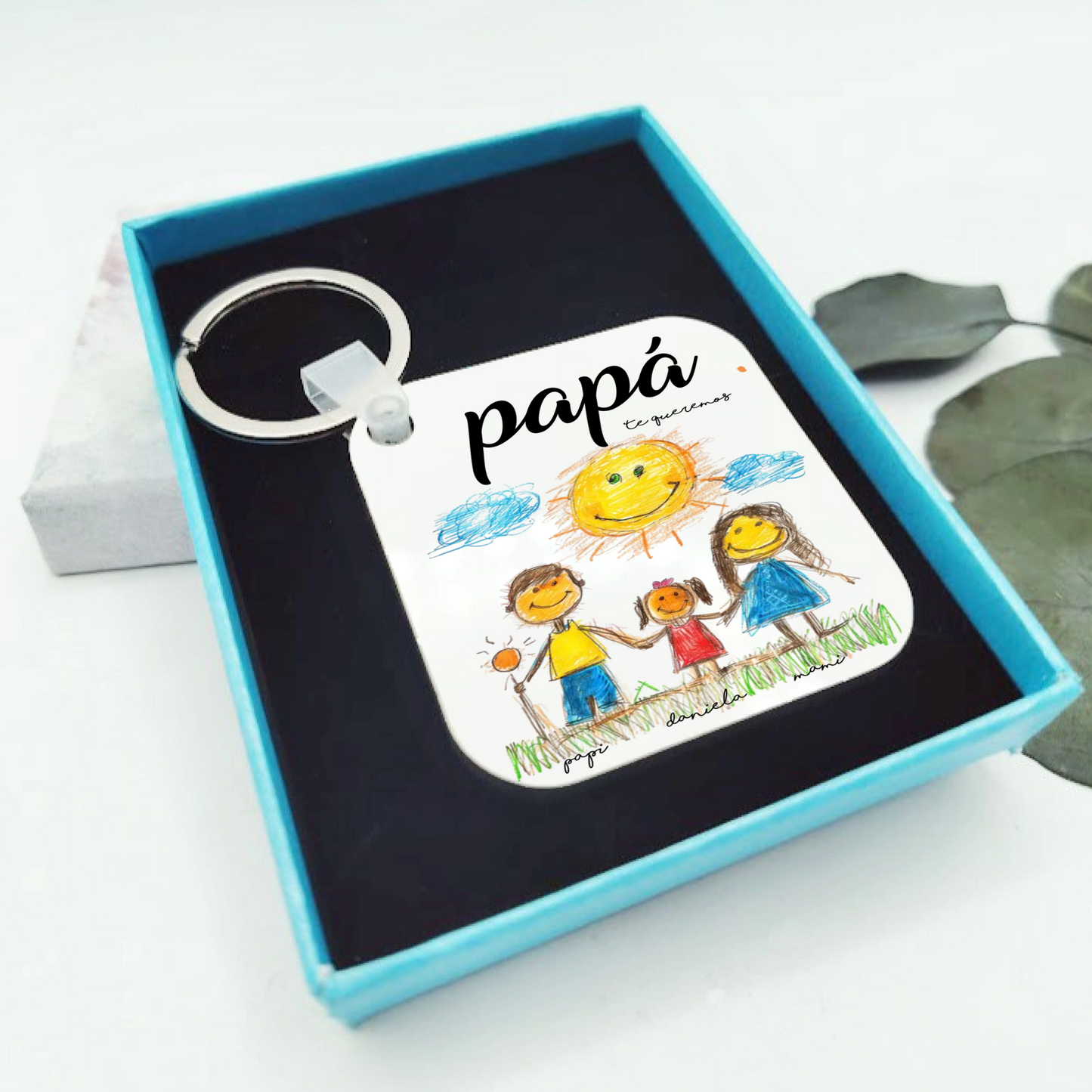 Llavero personalizado madera blanca con dibujo infantil para el Día del Padre