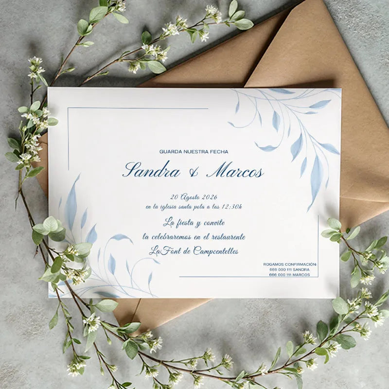 Invitación de boda personalizada con diseño elegante en tonos azules naturales - De moi a toi