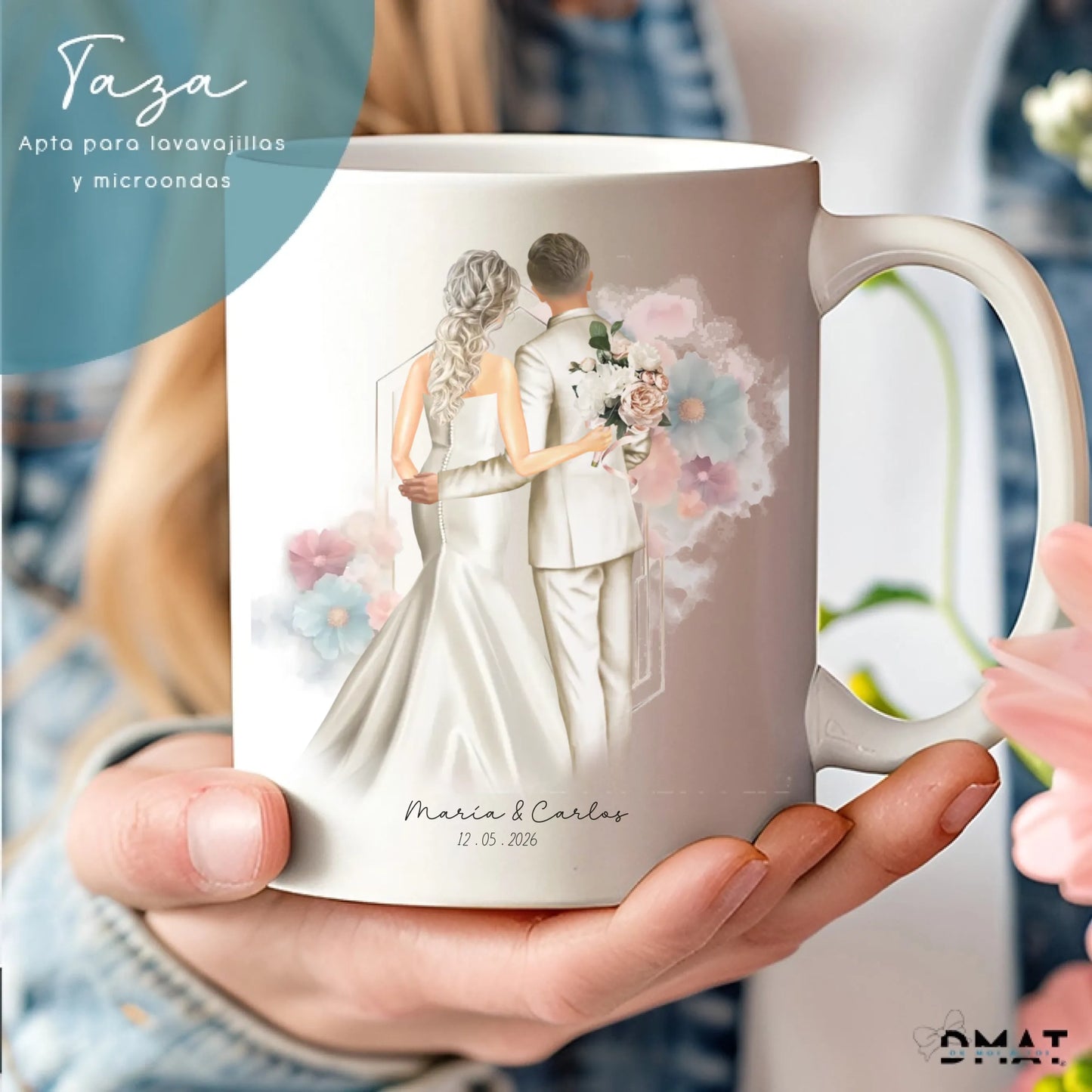 taza personalizada ilustraciones familiares y novios de boda