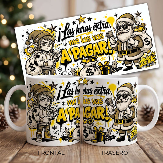 Vista frontal y trasera de la taza blanca Zetta “Las horas extras me las vas a pagar