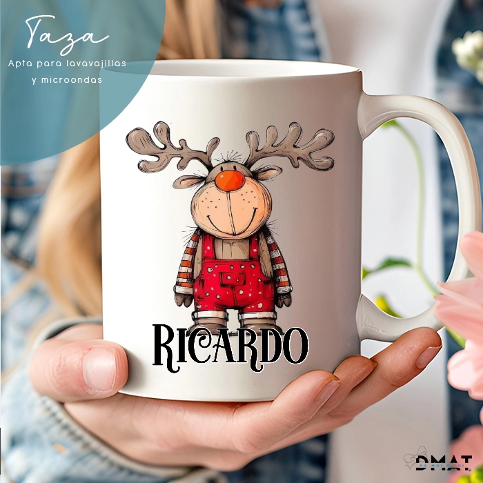 Taza personalizada con reno navideño y nombre