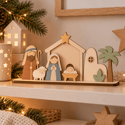 Belén navideño de madera montado en un rincón acogedor de casa · De Moi à Toi