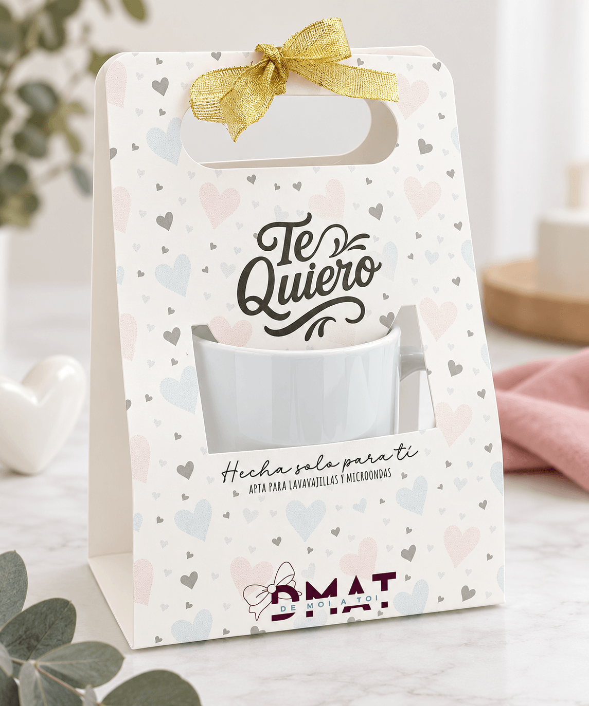 Variante packaging taza personalizada Te Quiero · presentación regalo para enamorados · De Moi à Toi