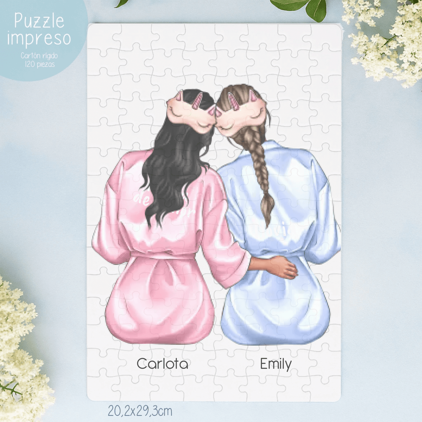 puzzle amigas de la novia ilustración editable fondo floral azul