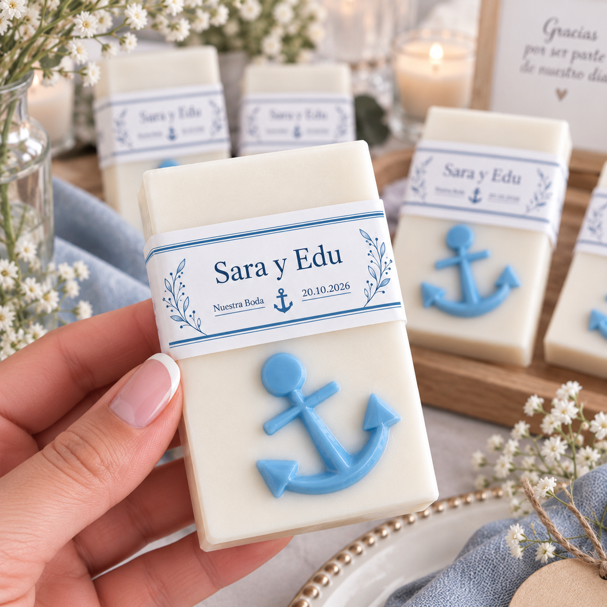 Jabón personalizado para invitados de boda temática náutica o marinera