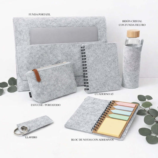 Funda de ordenador portatil acolchada y botella de cristal con funda de fieltro para profesoras