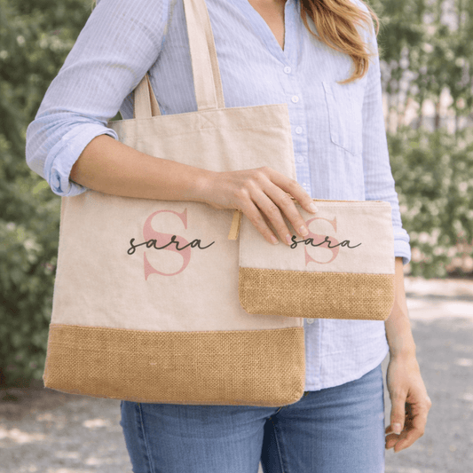 Bolsa algodón y yute personalizada con inicial oro rosa y nombre caligráfico regalo mujer