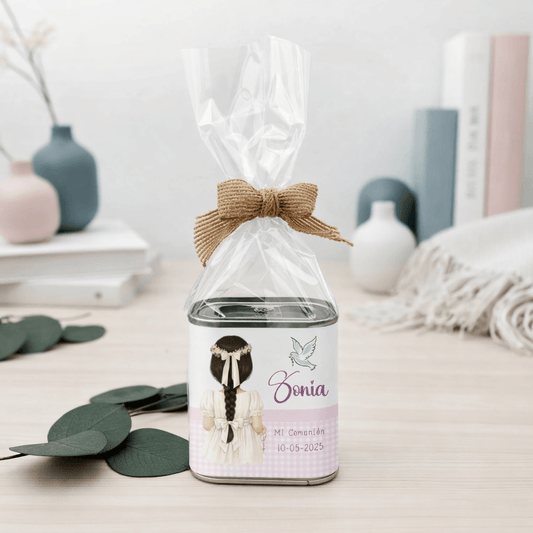 lata aceite comunión niña vichy rosa