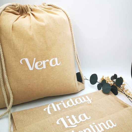 Mochila cuerdas tipo petate personalizada con nombres para cumpleaños y fiestas infantiles