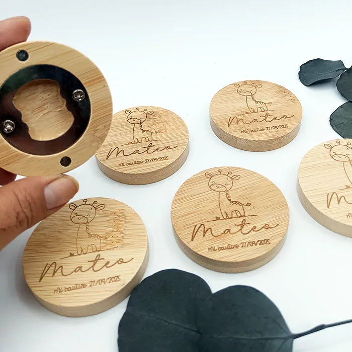 imán abrebotellas grabado a láser de bambú personalizado para invitados