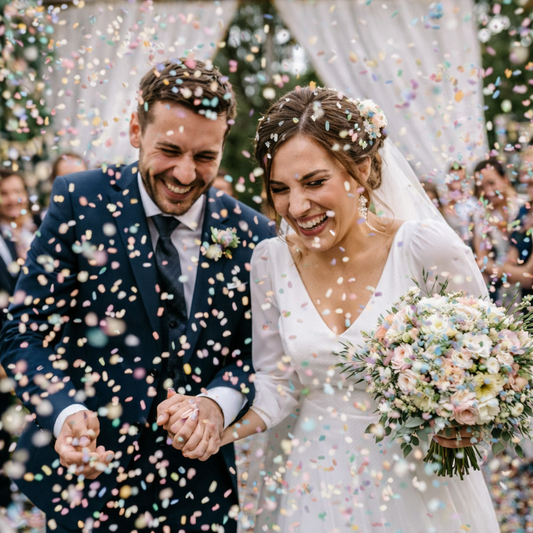Novios saliendo de ceremonia con invitados lanzando arroz de colores, confetti natural para bodas
