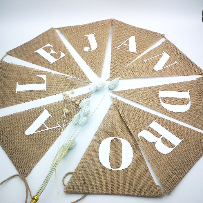 banderines de yute personalizados con nombres para bodas y fiestas
