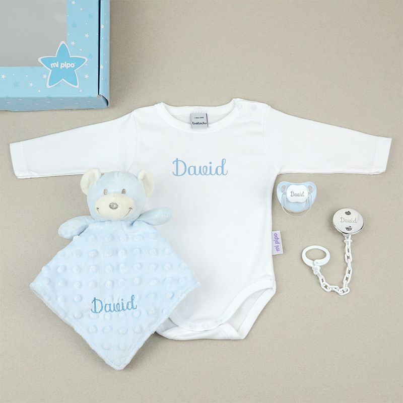 Pack regalo bebé personalizado con chupete, dou-dou y body — color azul