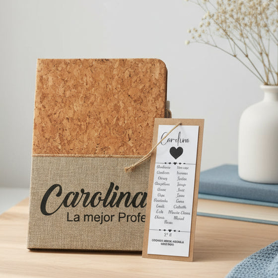 libreta personalizada con marcapáginas impreso y bolígrafo sostenible