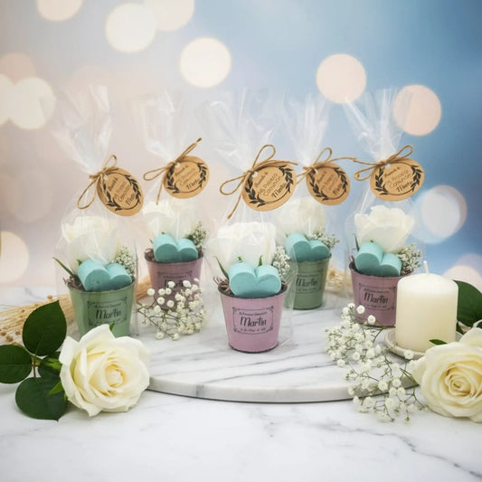 Detalle original jabón invitados boda bautizo comunión - Cubito latón con rosa jabón