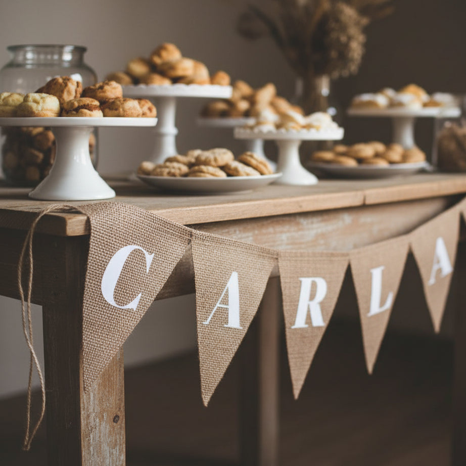 decoración rústica con banderines de arpillera natural personalizados