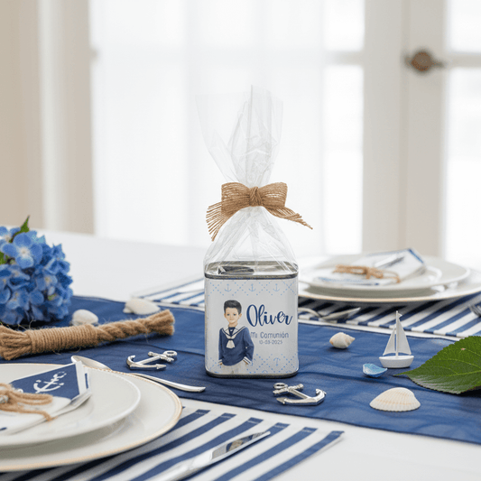 Detalle para invitados de comunión: latita de aceite virgen extra personalizada lista para regalar.