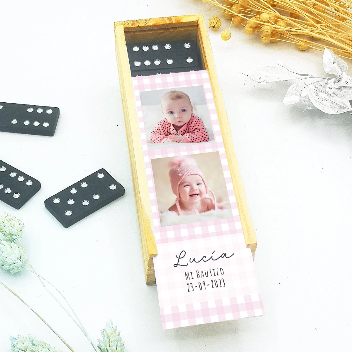 Dominó personalizado con foto como recuerdo de bautizo