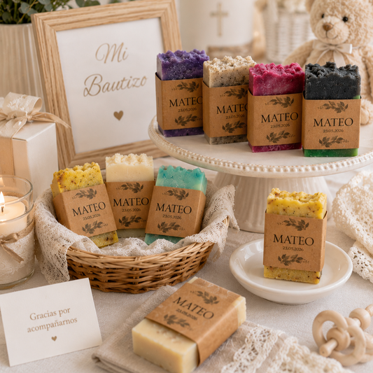 Pastilla de jabón artesano personalizado para invitados de bautizo