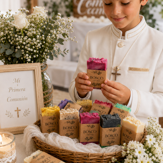 Pastilla de jabón artesano personalizado para invitados de comunión