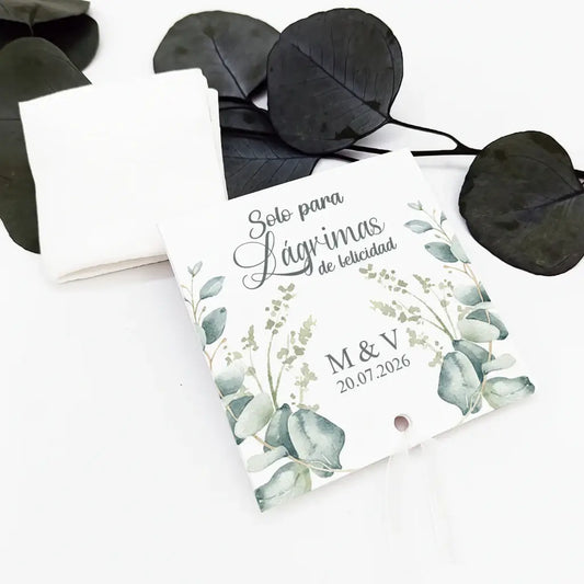 Lágrimas de felicidad personalizadas para boda con diseño de eucalipto en acuarela