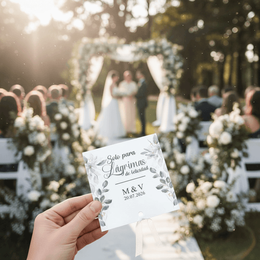 Detalle de lágrimas de felicidad personalizadas diseño floral silvestre con nombres y fecha de boda