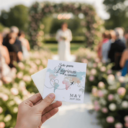 Invitada sosteniendo lágrimas de felicidad personalizadas diseño viajeros durante ceremonia de boda