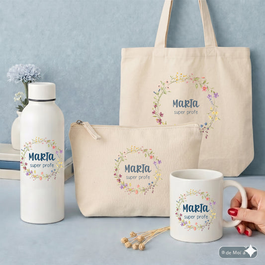 Set regalo profesora fin de curso “Super Profe” | Diseño flores silvestres personalizado