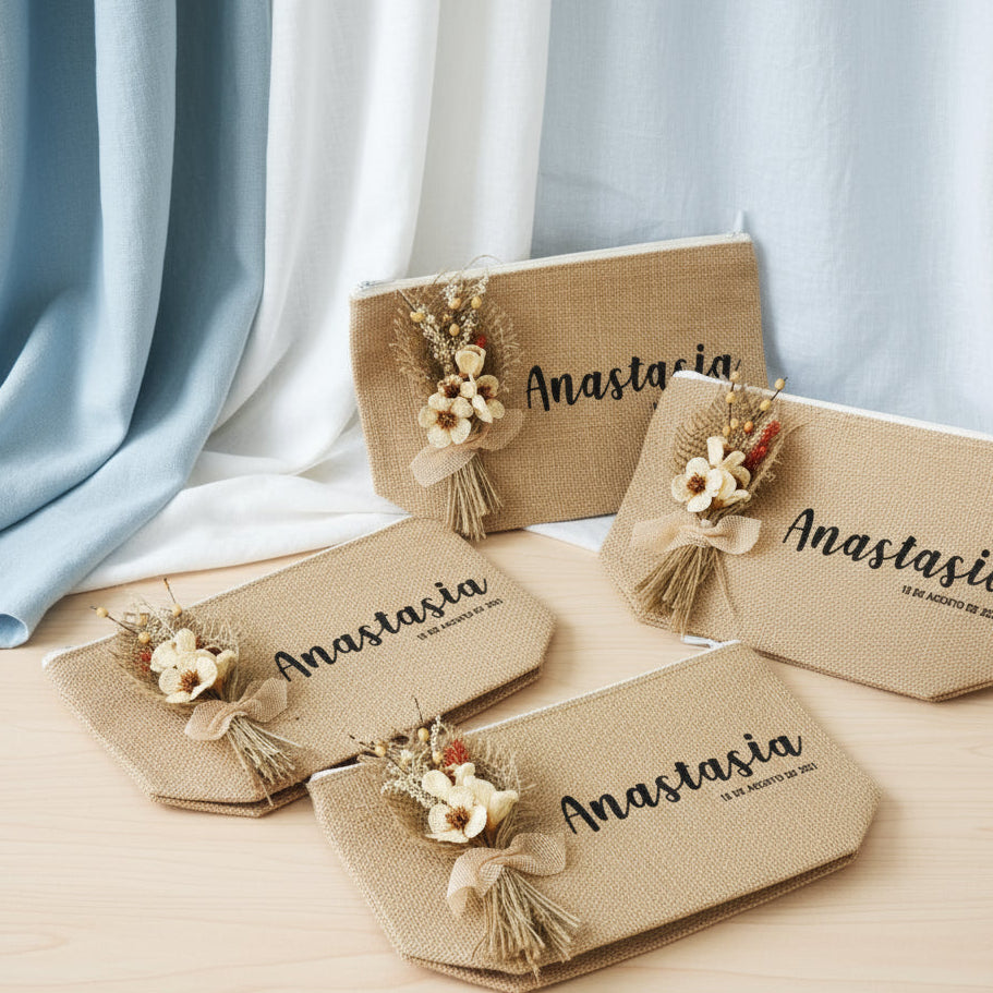 neceser de yute natural con flores – detalle navideño o de amigo invisible