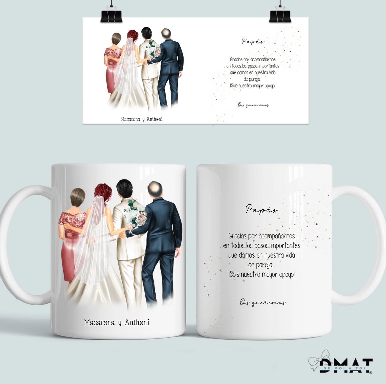 regalo de boda para padres personalizados con ilustración y dedicatoria