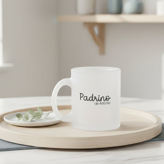 Taza de cristal personalizada para regalar a padrino con nombre estilo minimalista