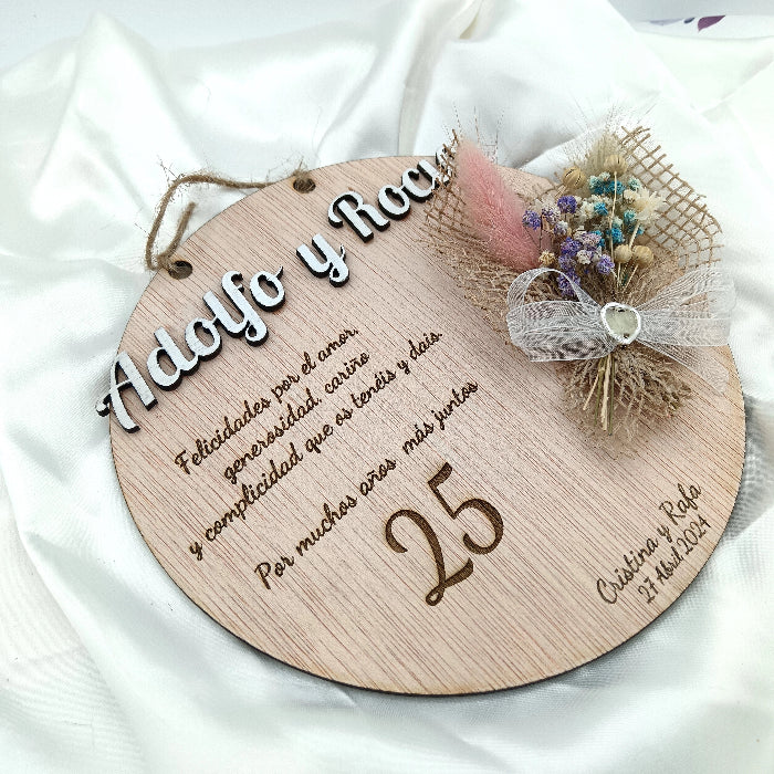 Placa decorativa para regalar a parejas con flores naturales
